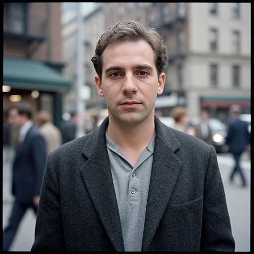 Photograph of a serious-looking, white man with short brown hair, wearing a gray henley shirt and black blazer, standing in a busy urban