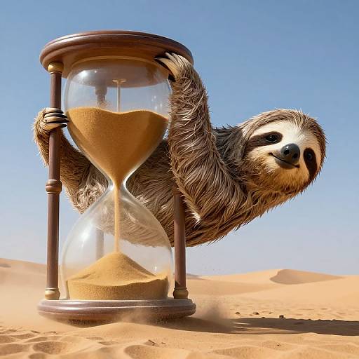 Digital artwork of a sloth clinging to an hourglass in a desert, with clear blue sky and golden sand dunes.