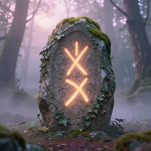 Photorealistic CGI of a moss-covered stone tombstone with glowing 