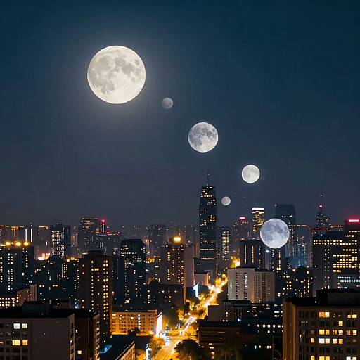 Photograph of a cityscape at night with a large, bright full moon and three smaller moons in the sky, illuminating skyscrapers with glowing
