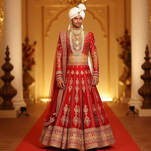 Photograph of a male model in a traditional Indian red lehenga with gold embroidery, white turban, and elaborate jewelry, walking on a red carpet
