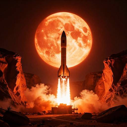 Rocket Launching Under Glowing Orange Planet