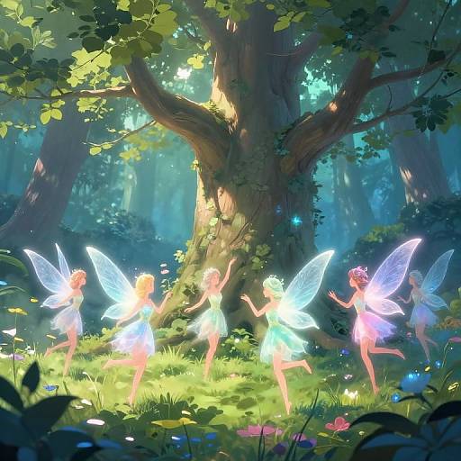 Digital art: Four glowing, fairy-like creatures with translucent wings dance under a sunlit, enchanted forest tree, surrounded by lush greenery and colorful flowers