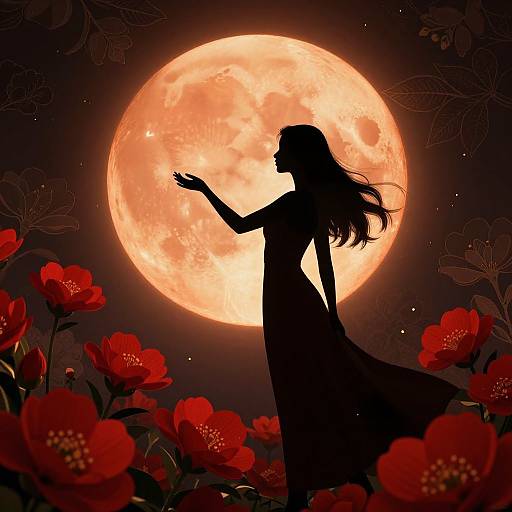 Silhouetted woman with flowing hair and extended arm stands against a glowing full moon, surrounded by red flowers in a dark night sky. Digital illustration