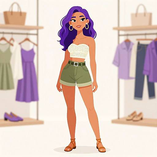 Digital illustration of a stylish woman with long purple hair, wearing a white strapless top, green shorts, and sandals, standing in a clothing store with