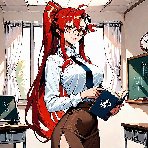 Anime Teacher with Red Hair in Classroom
