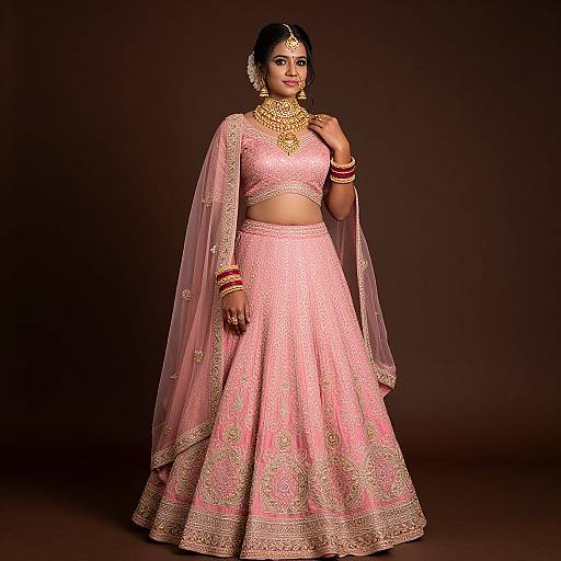 Photograph of a South Asian woman in pink traditional lehenga set with gold embroidery, sheer dupatta, elaborate jewelry, and dark background.