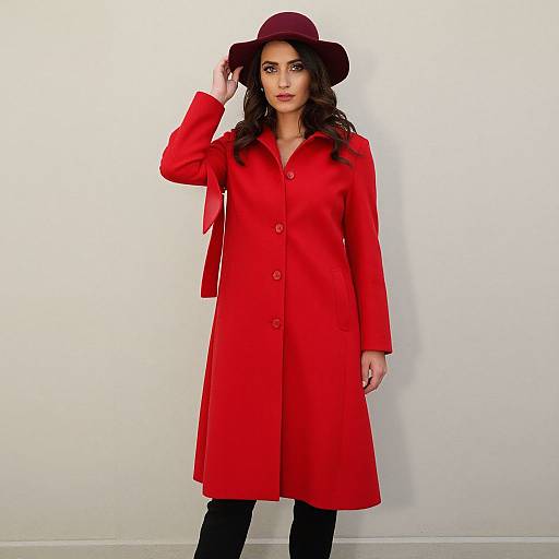Photograph of a woman with long, wavy dark hair, wearing a vibrant red coat, matching hat, and black pants, standing against a plain
