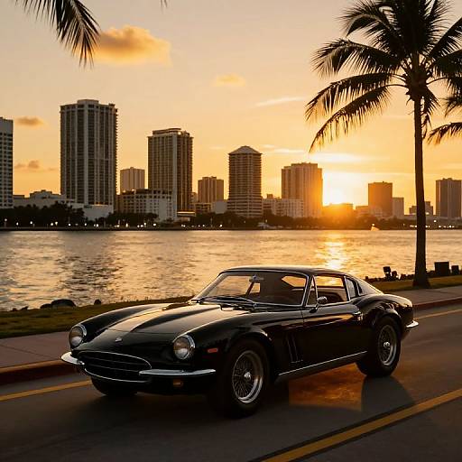 Photograph of a sleek black vintage convertible driving along a waterfront road at sunset, with palm trees and city skyscrapers in the background.