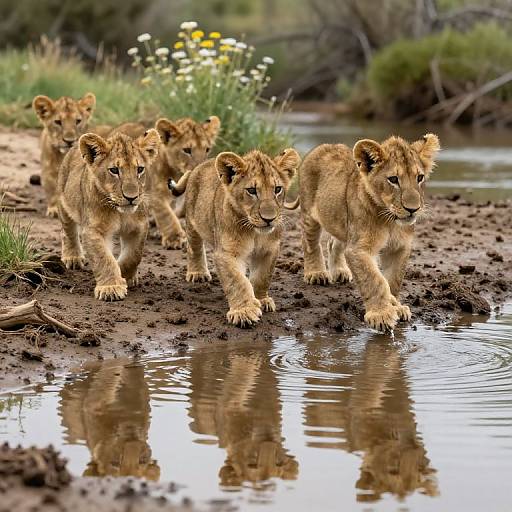 Photograph of five young lions walking across a muddy river, their reflections visible in the water, with yellow flowers and greenery in the background.