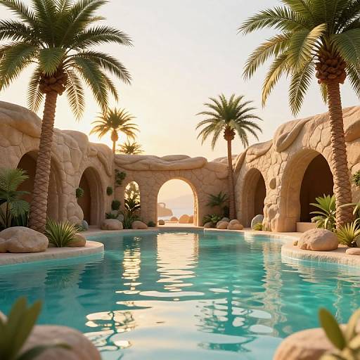 Photograph of a luxurious desert-themed pool with turquoise water, surrounded by palm trees, stone arches, and rocky landscaping at sunset.