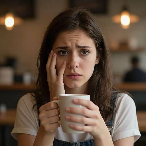Nervous Woman in Cozy Coffee Shop
