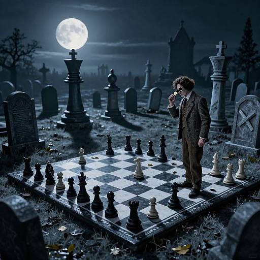 Surreal Moonlit Graveyard Chess Game