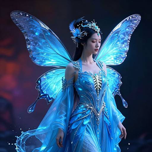 Photorealistic CGI of an Asian woman with glowing blue butterfly wings, wearing an ethereal, blue, sparkling fairy dress, against a dark, mystical