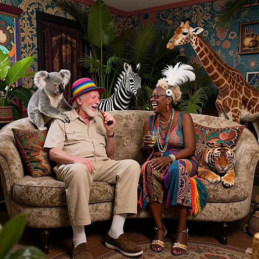 Photograph of a colorful, eclectic living room: elderly white man, black woman in vibrant dress, wearing hats; koala, giraffe, z