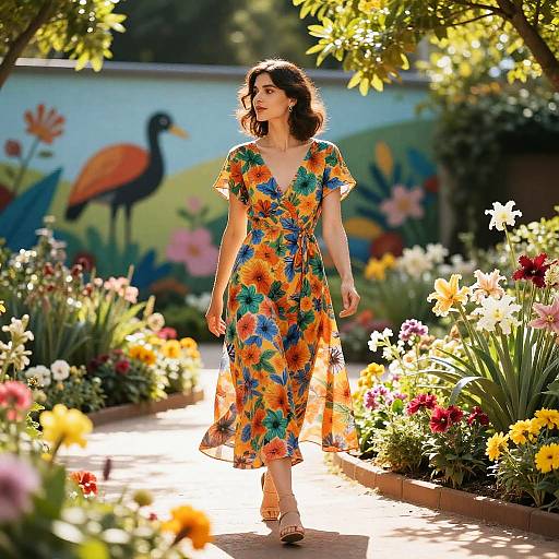 Photograph of a fair-skinned woman with curly brown hair, wearing a vibrant orange and blue floral dress, walking through a sunlit garden with colorful