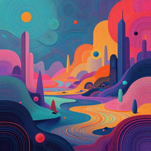 Vibrant abstract digital artwork featuring swirling lines, colorful geometric shapes, and vivid hues of red, orange, blue, and purple, depicting a surreal