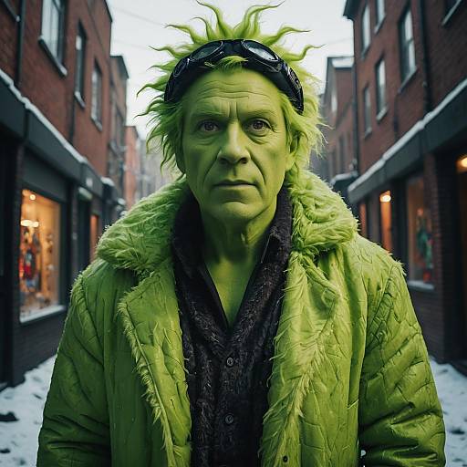 Whimsical Grinch Costume in Urban Alley