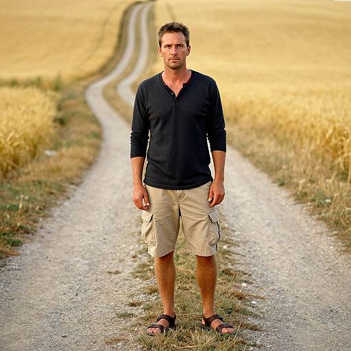 Photograph of a Caucasian man with short brown hair, wearing a black long-sleeve shirt, beige cargo shorts, and black sandals, standing on