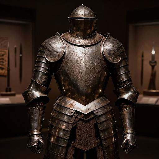 Photograph of a medieval knight's intricately engraved, polished steel armor on display in a dimly lit museum, highlighting its detailed craftsmanship and reflective surface