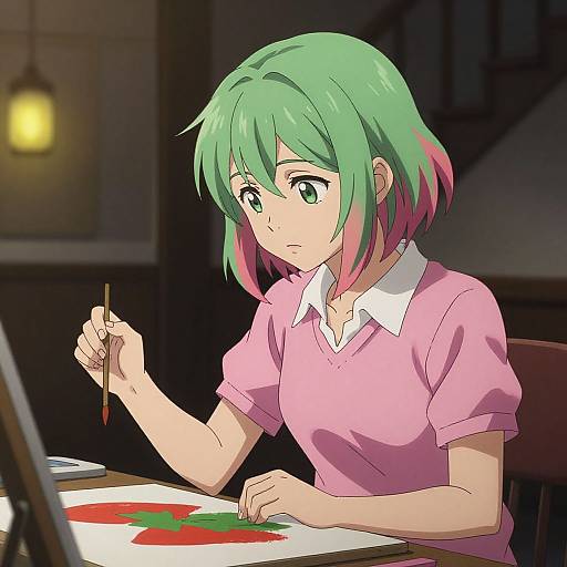 Anime Girl Painting in Dim Room
