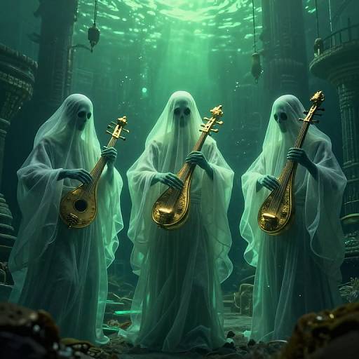 Digital art: Three ghostly, white-robed figures with black faces play golden musical instruments in a dark, eerie, underwater-like cave bathed in