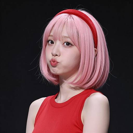 Playful Character with Pink Bob and Red Top