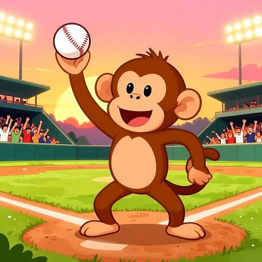 Cartoon monkey pitcher, brown fur, tan belly, throwing baseball, sunset stadium, excited crowd, colorful, digital art, vibrant, energetic, baseball