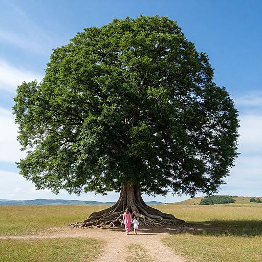 Photograph of a massive, green-leaved tree with sprawling roots, centered in a grassy field under a bright blue sky; two people, one