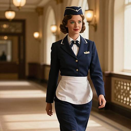 Photograph of a stylish brunette woman in 1940s-style navy blue flight attendant uniform with white apron, hat, and necktie, walking