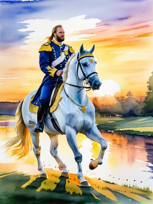 Royal Cavalryman on White Horse at Sunset