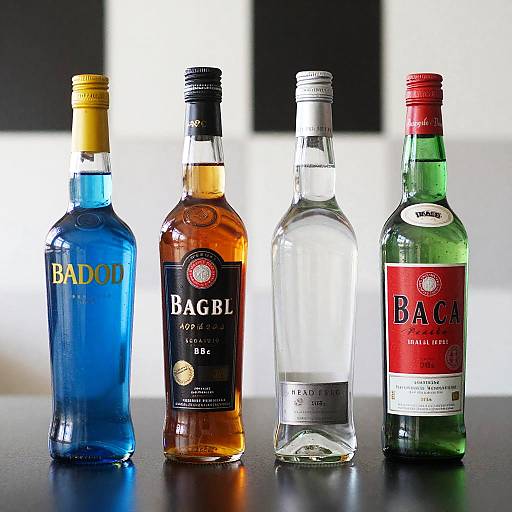 Colorful Liquor Bottles on Glossy Surface