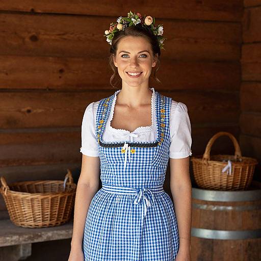 Photograph of a smiling woman with fair skin, brown hair in a floral crown, wearing a blue-checkered dirndl with white blouse, standing in