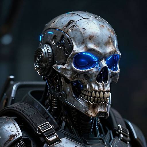Photorealistic CGI of a cybernetic skull with glowing blue eyes, metallic texture, and mechanical ear attachments, set against a dark background.