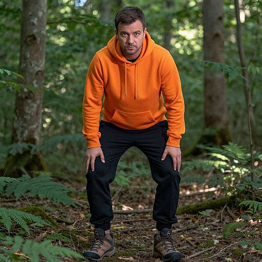 Man in Orange Hoodie in Forest