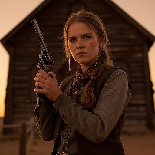Photograph of a serious young woman with long brown hair in a braid, holding a revolver, standing in front of a dark wooden cabin at sunset