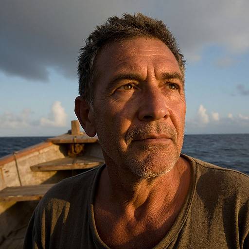 Photograph of a middle-aged man with rugged features, short dark hair, and a weathered face, standing on a wooden boat at sea under a