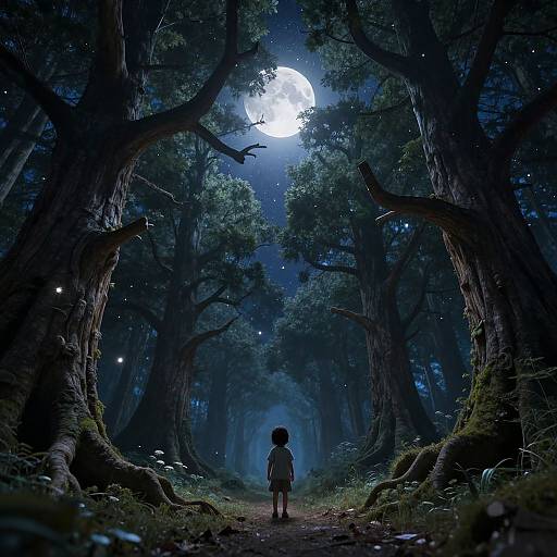 Digital illustration of a child in a dark forest at night, with a glowing full moon overhead, surrounded by towering trees and twinkling stars.