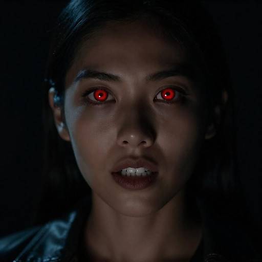 Woman with Glowing Red Eyes in Dark Jacket
