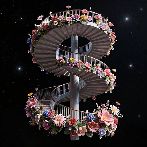 Photorealistic CGI of a spiraling metal structure adorned with vibrant, colorful flowers against a starry black night sky.