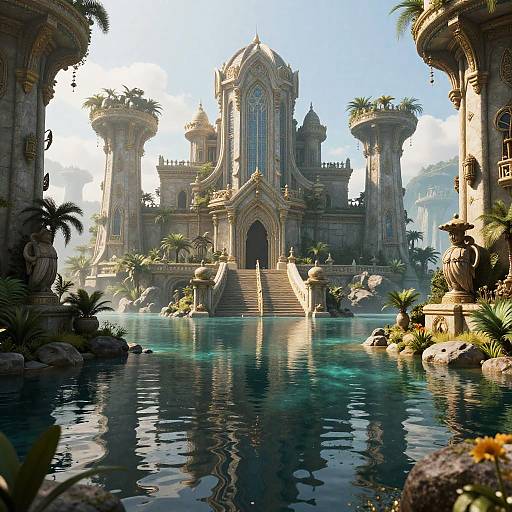 Photorealistic digital artwork of a grand, sunlit, ancient temple with intricate architecture, surrounded by a reflective, turquoise pool and lush palm trees.