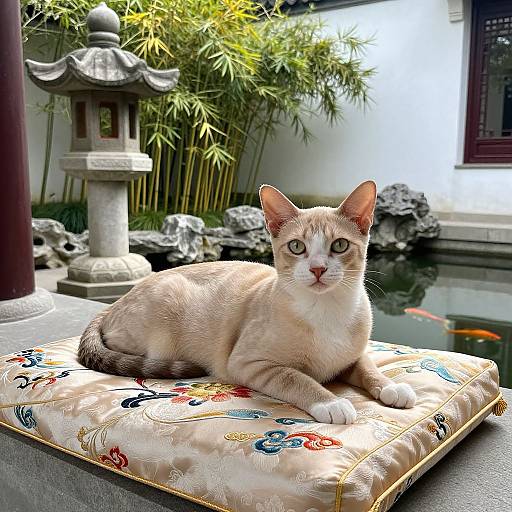Photograph of a light-colored, white-patterned cat lounging on an ornate, floral-patterned cushion in a serene garden, with a traditional
