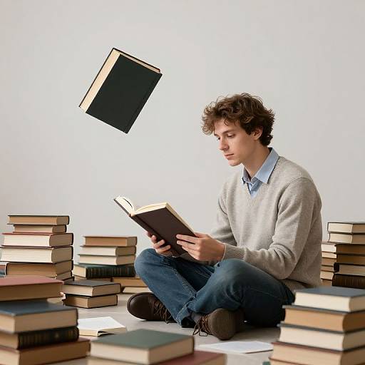 Photograph of a young man with curly brown hair, wearing a light gray sweater and blue jeans, sitting cross-legged among floating and stacked books, int