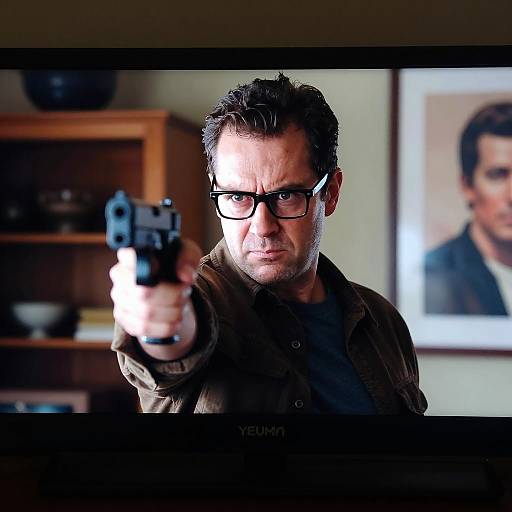 Intense Man with Handgun on TV Screen