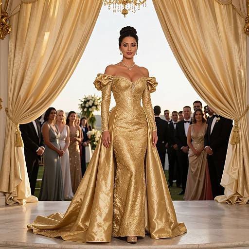 Photograph of a glamorous woman in an off-shoulder, gold, textured gown with long sleeves, walking down a runway flanked by elegant,