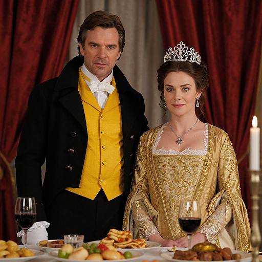 Photograph of a regal couple in period attire; he in black coat with yellow vest, she in gold gown with tiara, standing in front