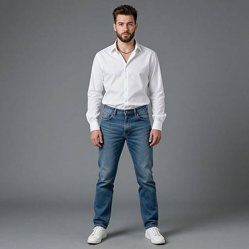 Photograph of a bearded man with short dark hair, wearing a white button-down shirt, blue jeans, and white sneakers, standing against a plain