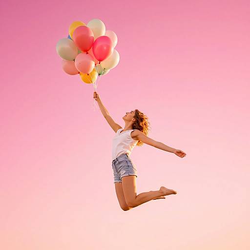 Photograph of a curly-haired woman in a white shirt and denim shorts, jumping with arms outstretched, holding colorful balloons against a pink gradient sky