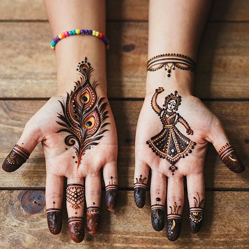 Intricate Henna Hands with Peacock and Dancer