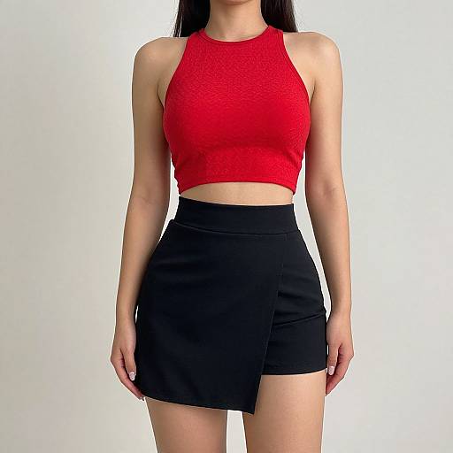 Photograph of a young woman with long black hair, wearing a red sleeveless crop top and black high-waisted mini skirt, standing against a